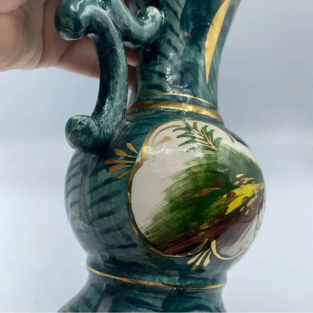 Vintage Hand Painted Peacock Ornate Vase Decor Green Teal Gold Porcelain